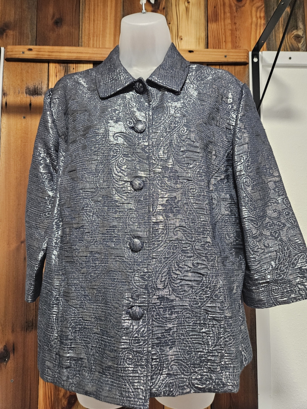 Alfred Dunner Metallic Textured Button-Front Jacket in Silver-Blue